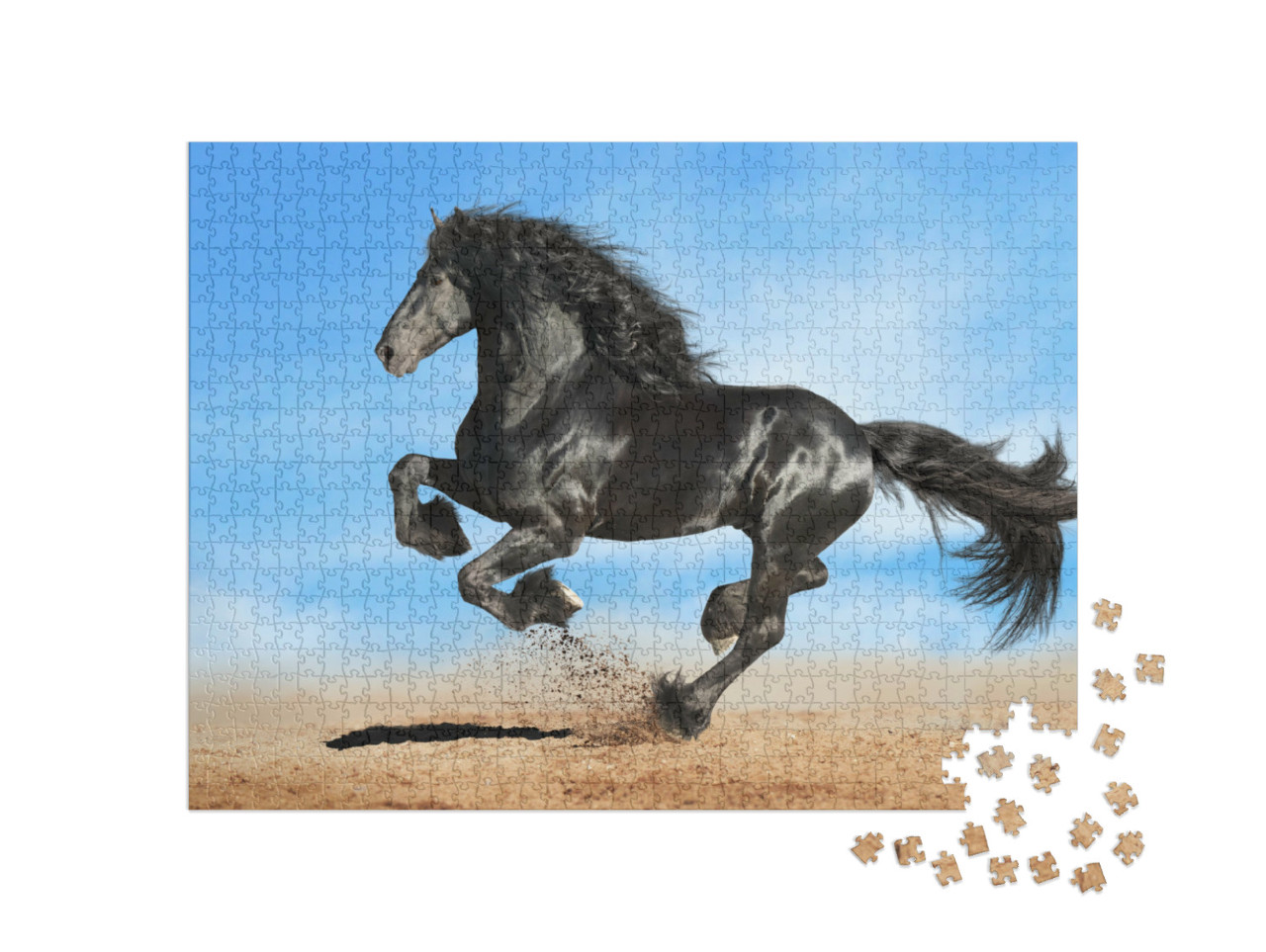 puzzle 1000 dílků „Černý fríský kůň v mohutném cvalu“
