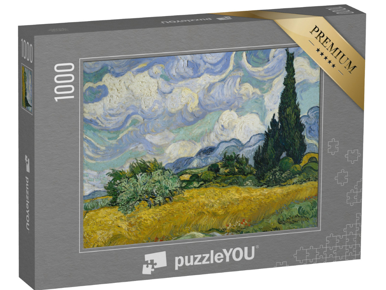 puzzle 1000 dílků „Pšeničné pole s cypřiši, Vincent Van Gogh, 1889“