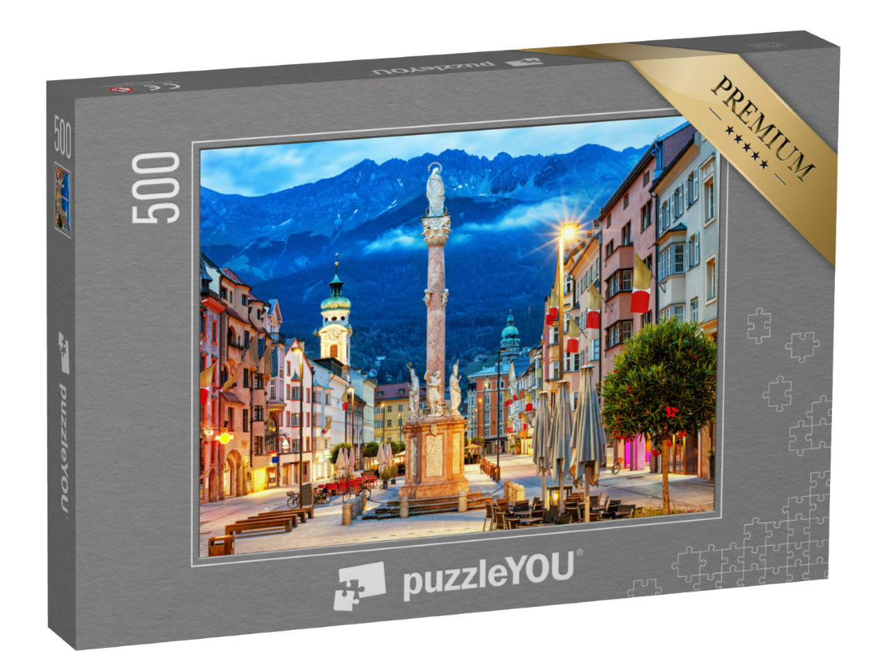 puzzle 500 dílků „Innsbruck: Staré město v alpských horách v Tyrolsku“