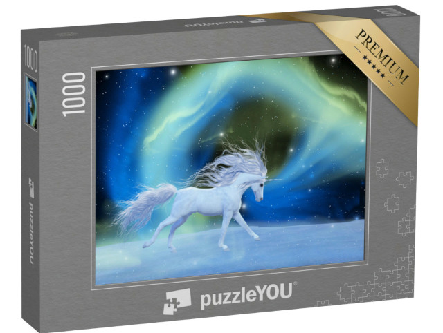 puzzle 1000 dílků „Digitální umění: Mystický jednorožec ve vesmíru polárních mlhovin“