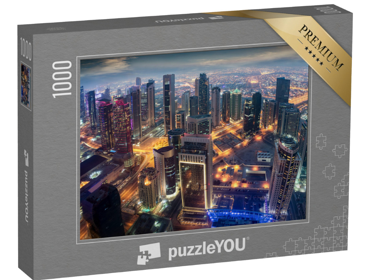 puzzle 1000 dílků „Letecký pohled na osvětlené centrum katarského Dauhá“