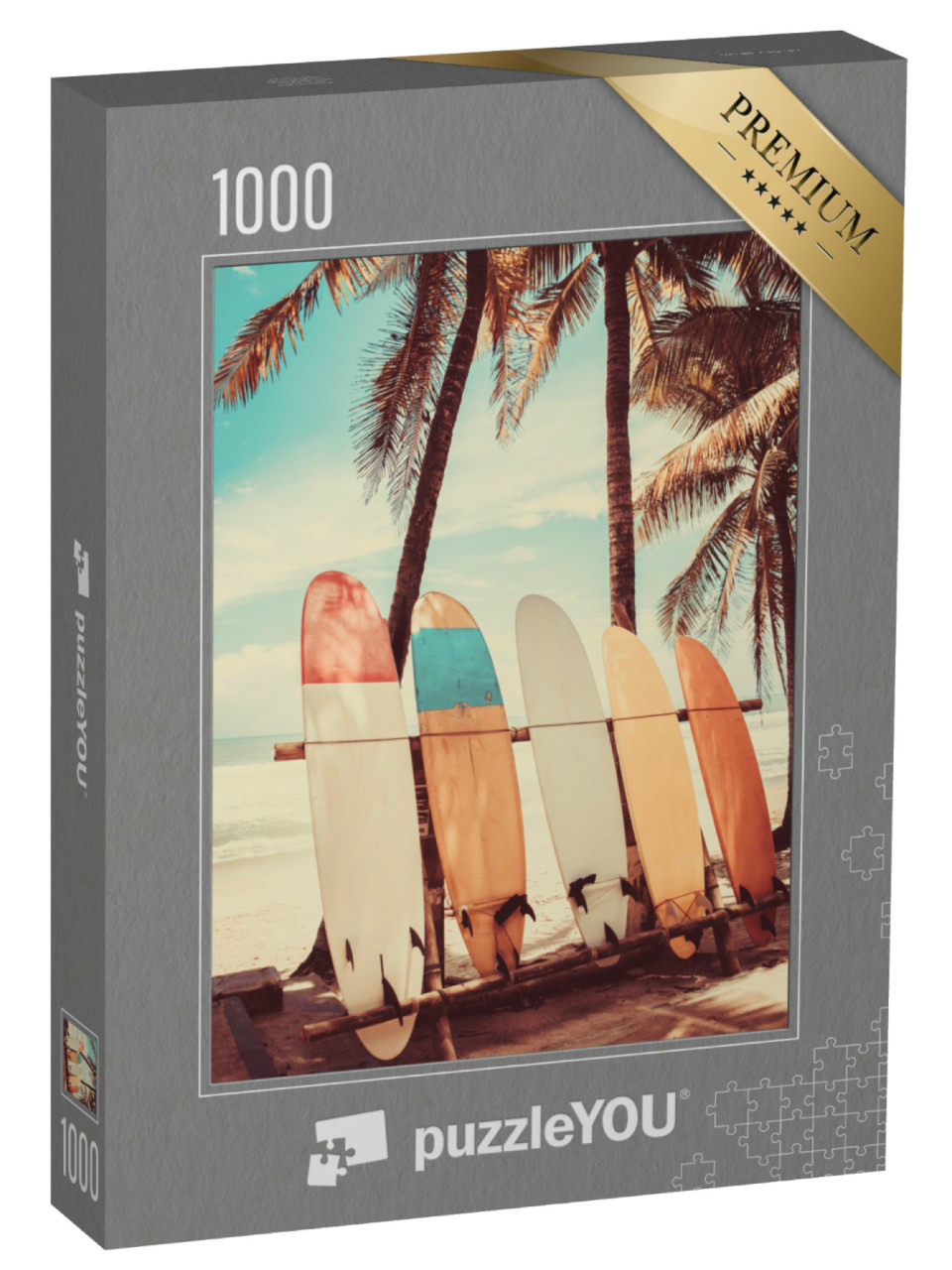 puzzle 1000 dílků „Surfovací prkna pod palmami na pláži“