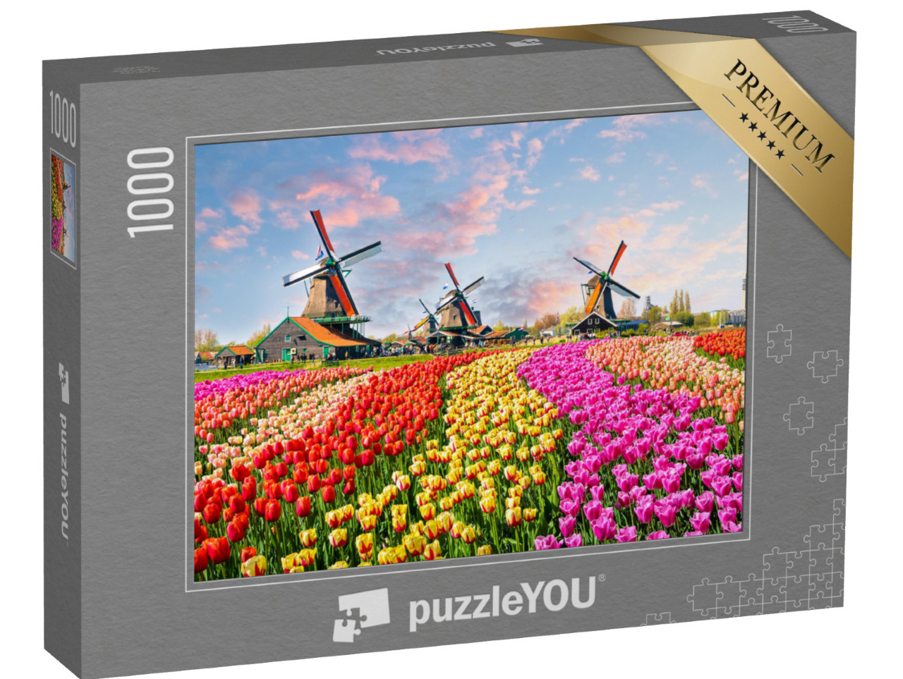 puzzle 1000 dílků „Idylické větrné mlýny a tulipány, Nizozemsko“