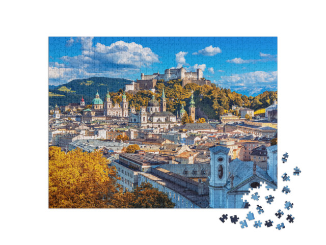 puzzle 1000 dílků „Salcburské panorama s pevností Hohensalzburg na podzim, Rakousko“