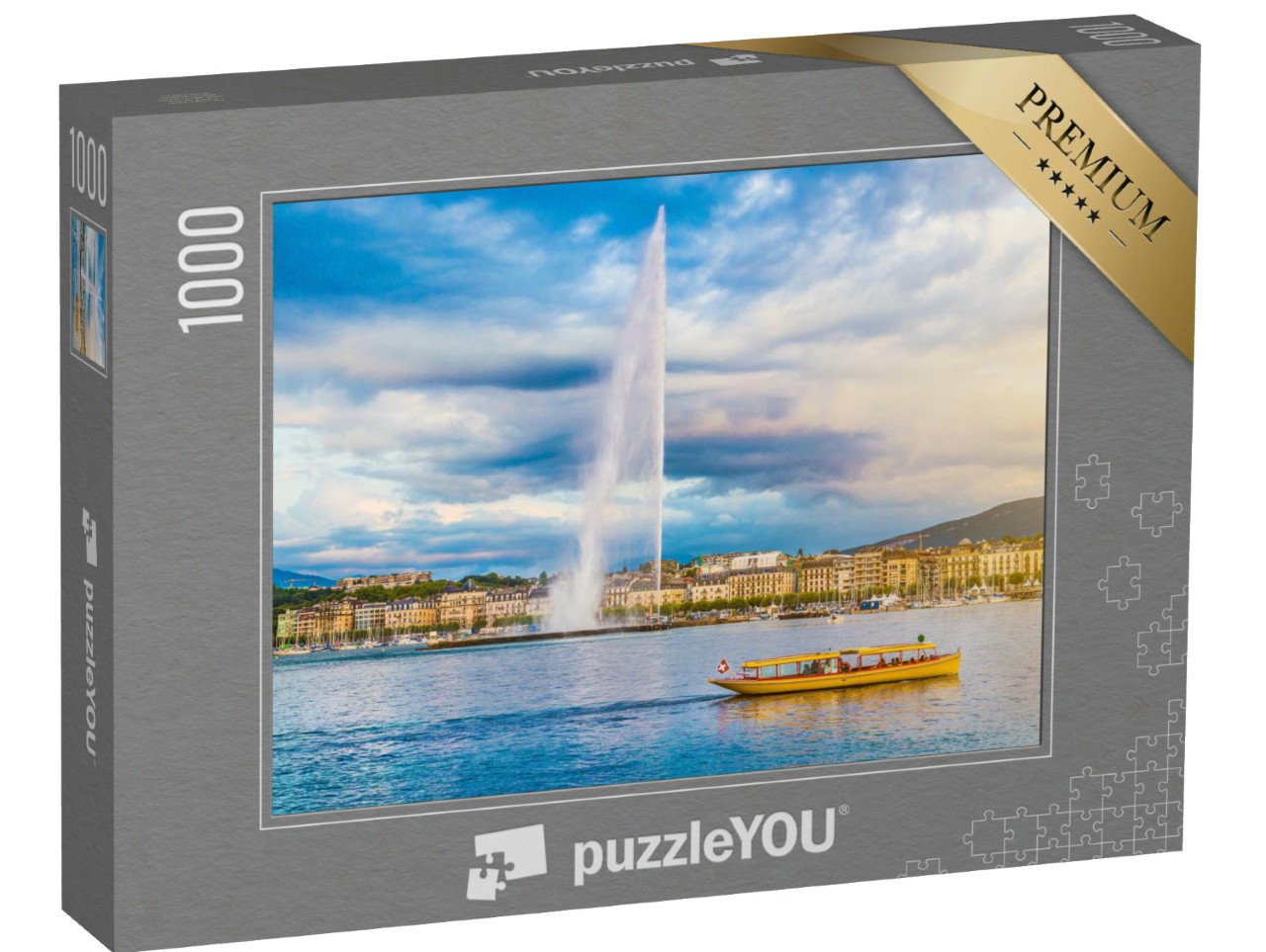 puzzle 1000 dílků „Ženevské panorama se slavnou fontánou Jet d'Eau, Švýcarsko“