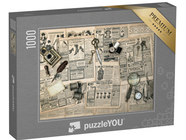 puzzle 1000 dílků „Šicí a psací potřeby na starých novinách“