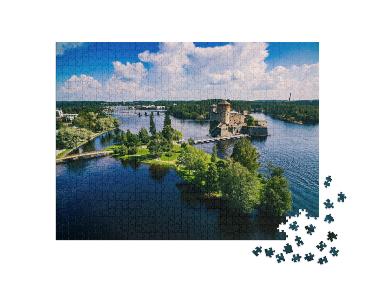 puzzle 1000 dílků „Krásný záběr krajiny hradu Olavinlinna v Savonlinně, Finsko“