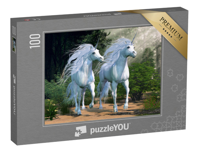 puzzle 100 dílků „Okouzlující jednorožci v kouzelném lese“