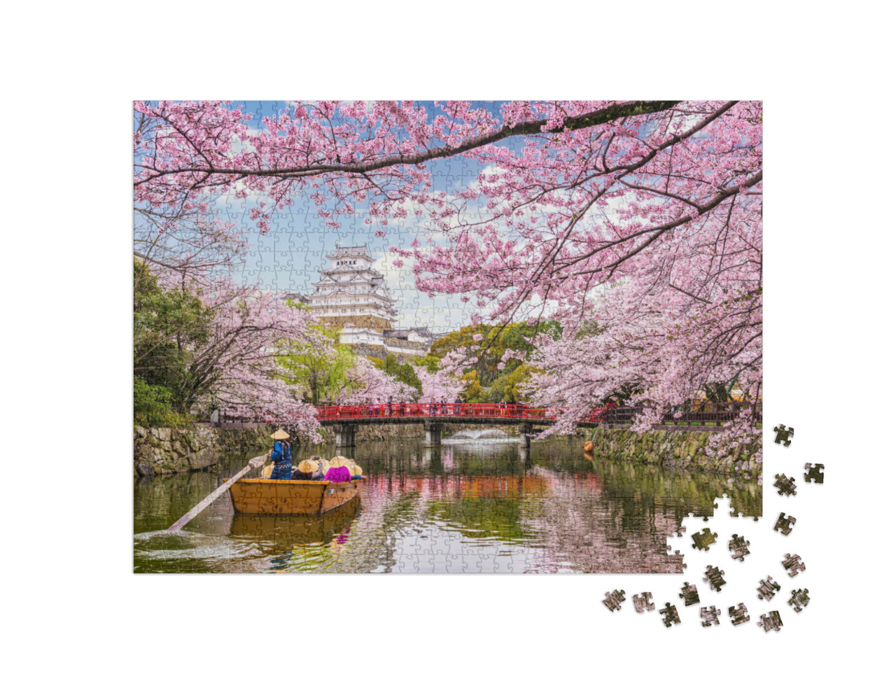 puzzle 1000 dílků „Majestátní hrad s výhledem na město Himedži v období třešňových květů v Japonsku“