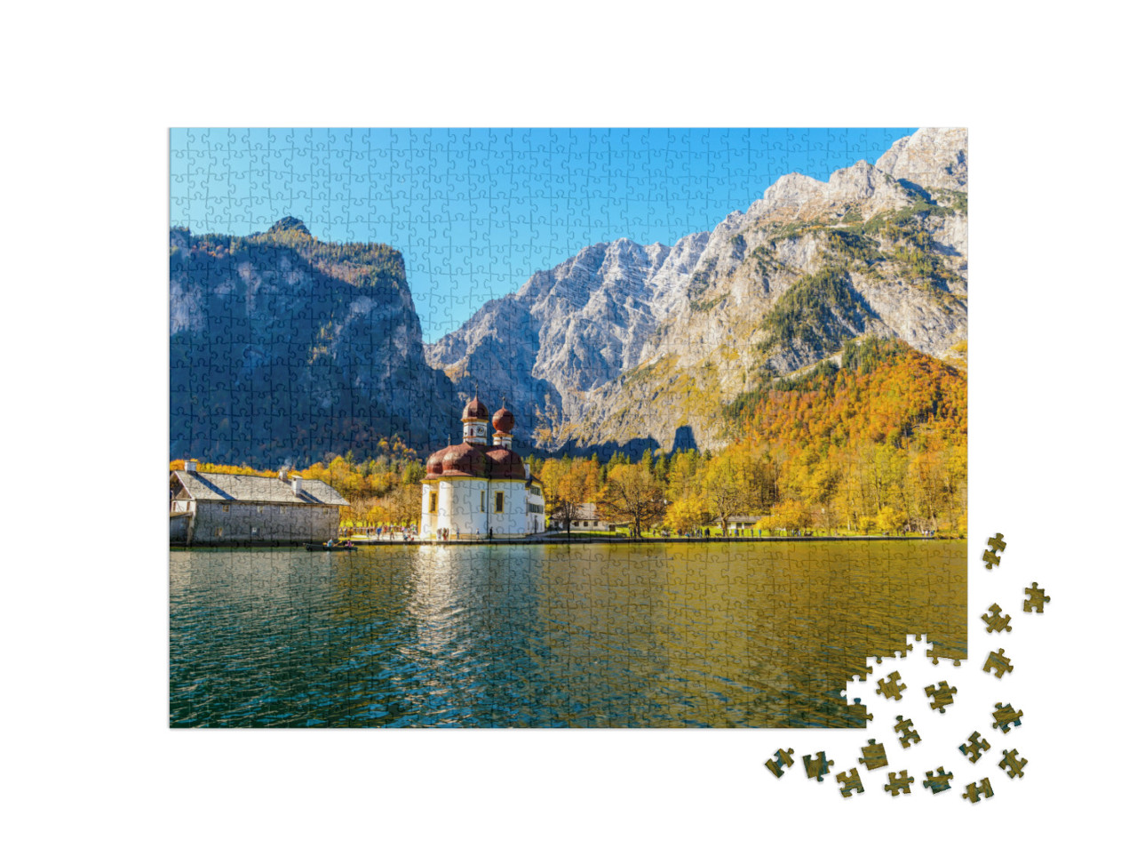 puzzle 1000 dílků „Kostel sv. Bartoloměje u jezera Königssee na podzim, Bavorsko, Německo“