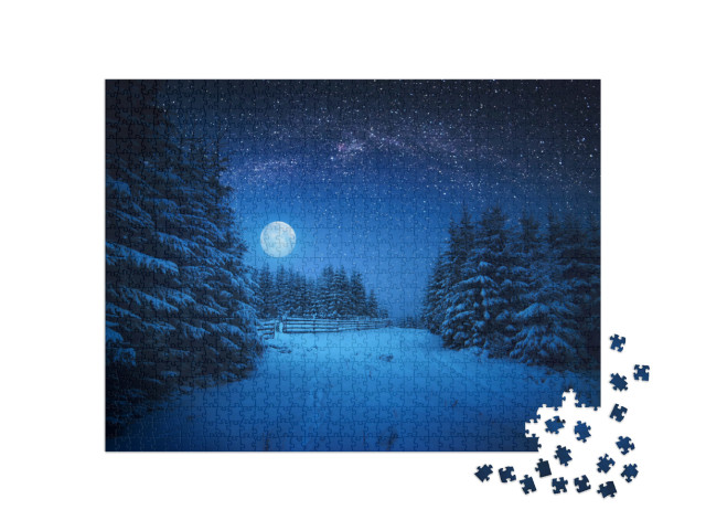 puzzle 1000 dílků „Úplněk za zimní noci v lese“