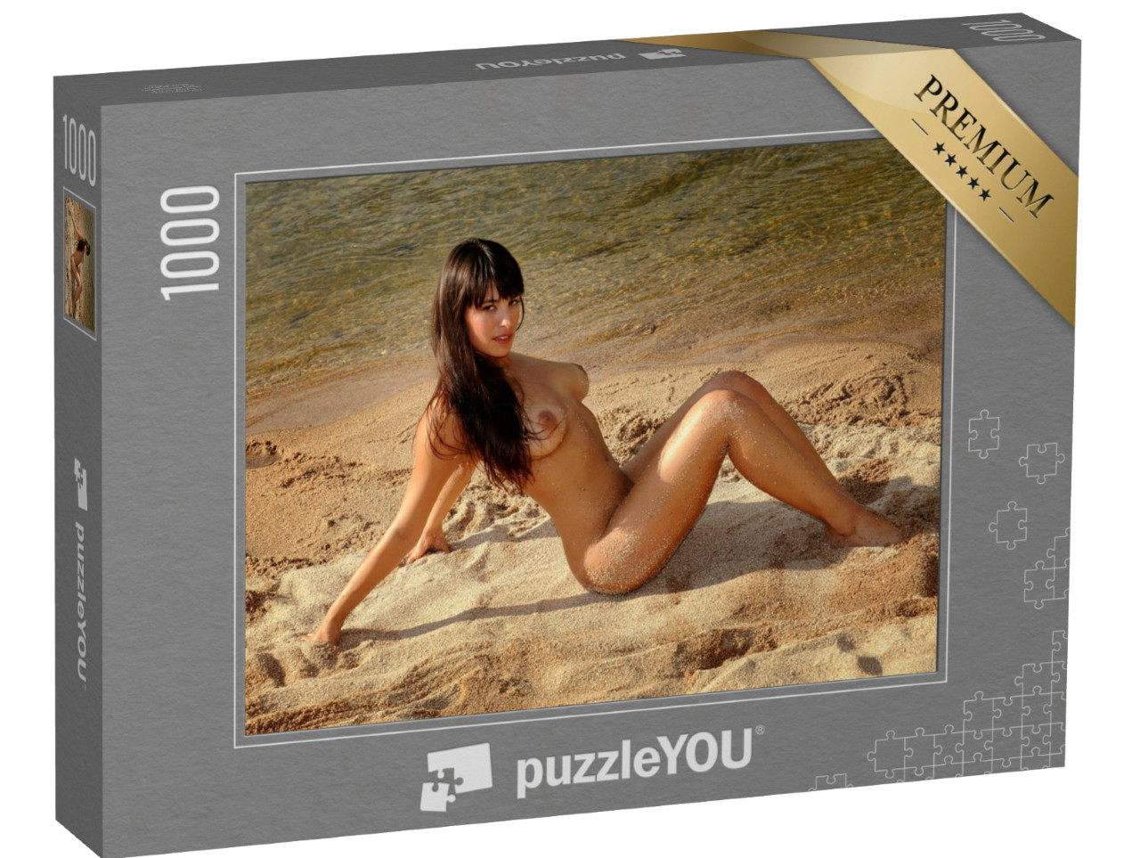 puzzle 1000 dílků „Fotografie aktů: Nahá brunetka v písku“