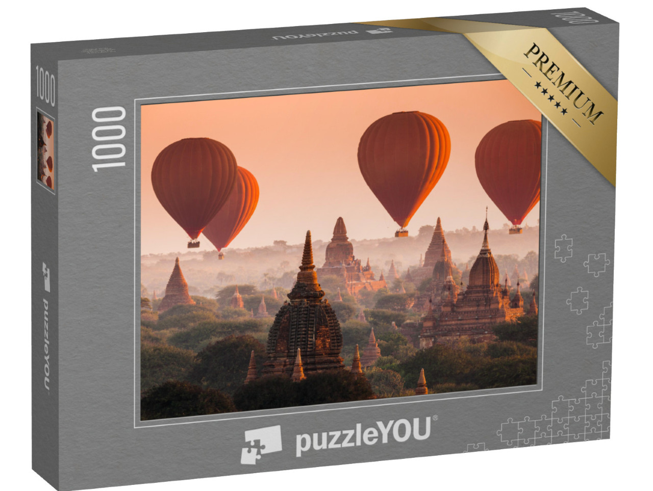 puzzle 1000 dílků „Horkovzdušný balón nad Baganskou planinou za mlhavého rána, Myanmar“