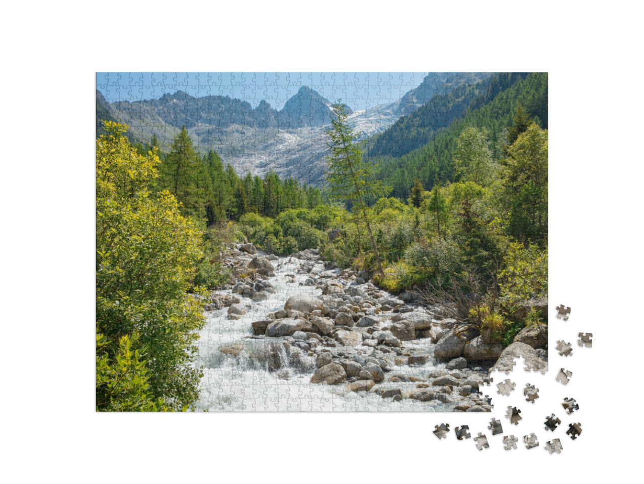 puzzle 1000 dílků „Idylické údolí a řeka Trient ve Valais, Švýcarsko“