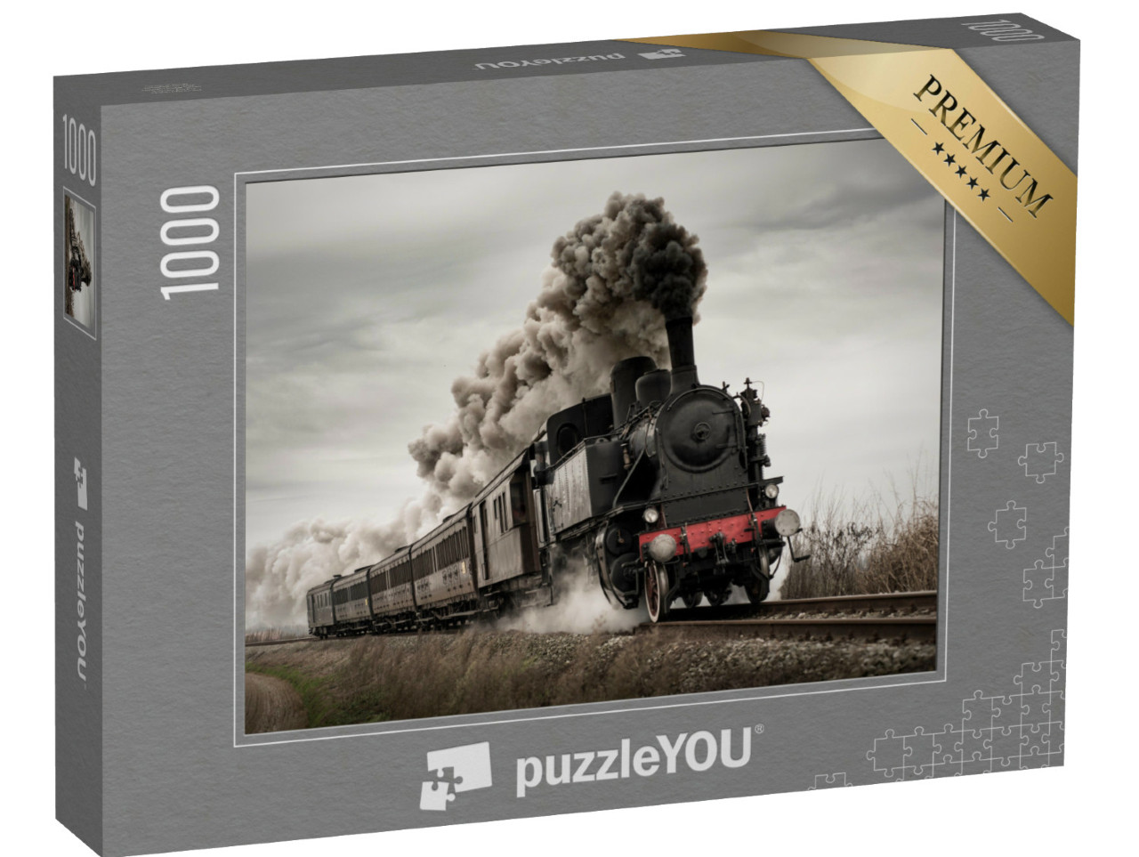 puzzle 1000 dílků „Historický parní vlak se starou lokomotivou a starými vagóny“