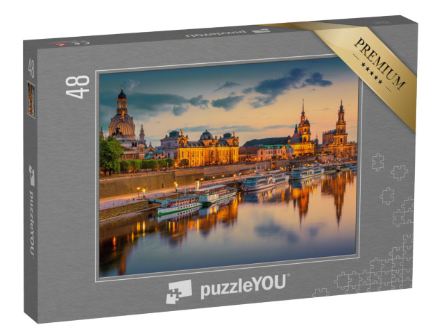 puzzle 48 dílků „Drážďany na Labi: panorama města s Augustovým mostem, Sasko, Německo“