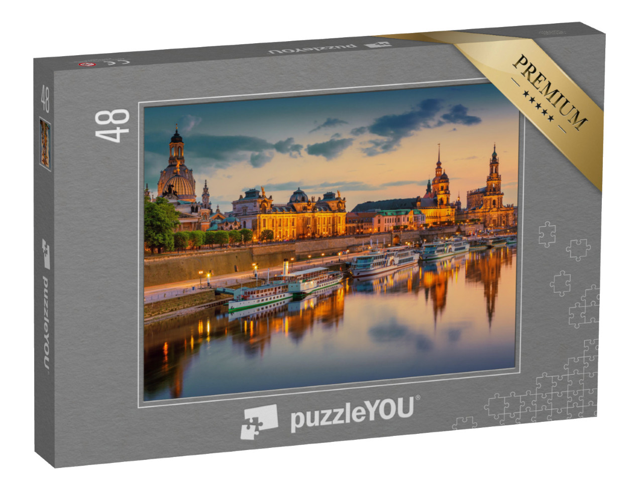 puzzle 48 dílků „Drážďany na Labi: panorama města s Augustovým mostem, Sasko, Německo“