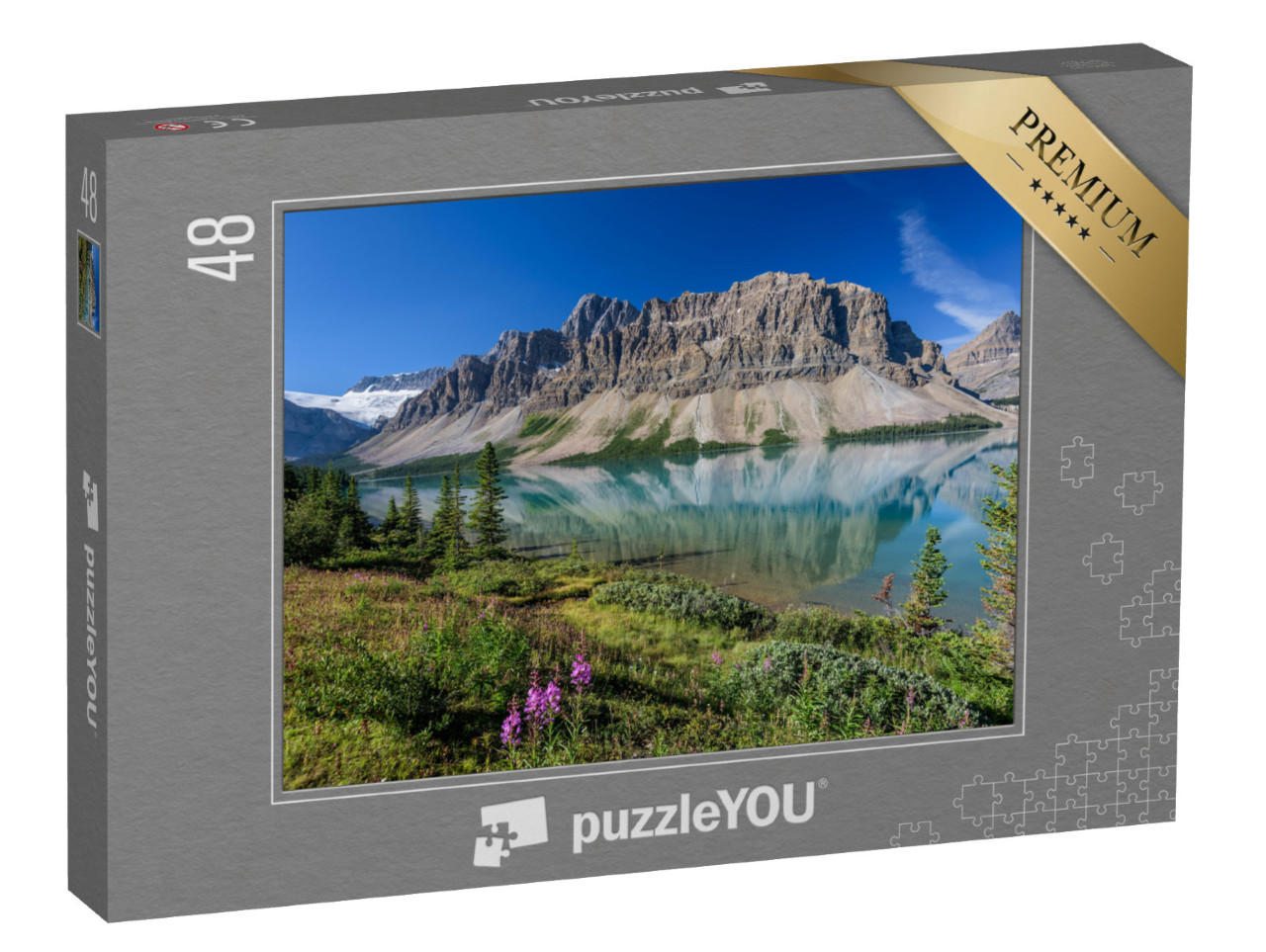 puzzle 48 dílků „Křišťálově čisté jezero Bow Lake v národním parku Banff, Alberta, Kanada“