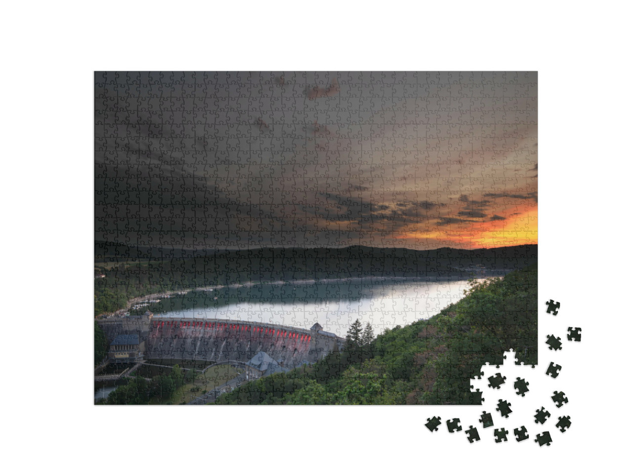 puzzle 1000 dílků „Pohled z vyhlídky Kleine Kanzel na jezero Edersee při západu slunce“
