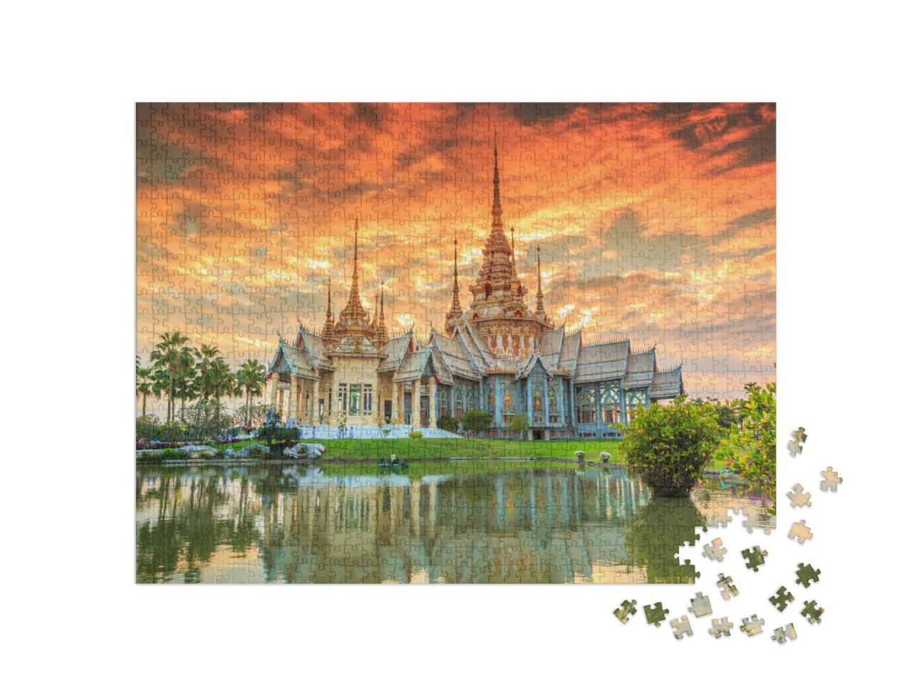 puzzle 1000 dílků „Západ slunce u chrámu Wat thai, Thajsko“