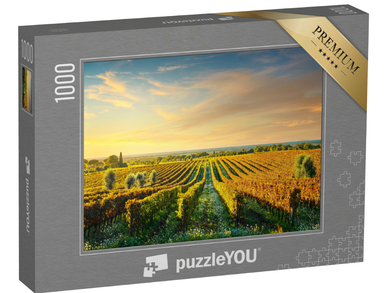 puzzle 1000 dílků „Vinice Bolgheri při západu slunce, Maremma, Toskánsko“