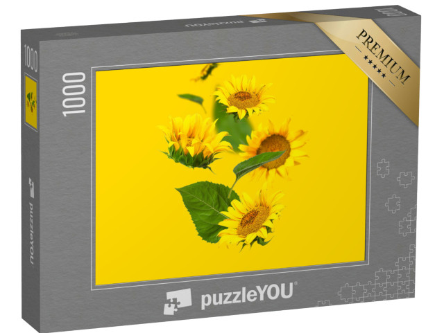 puzzle 1000 dílků „Létající žluté slunečnice, zelené listy na žlutém pozadí...“