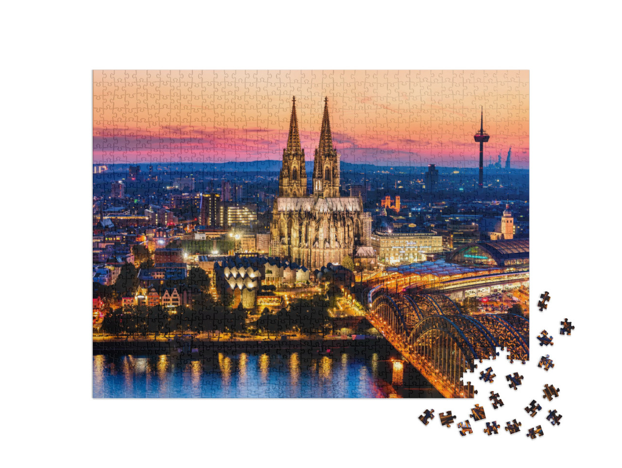 puzzle 1000 dílků „Noční panorama kolínské katedrály, Hohenzollernského mostu a Rýna“