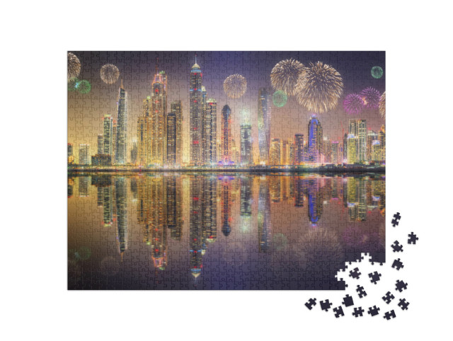 puzzle 1000 dílků „Panorama mrakodrapů v Dubaji Marina s ohňostrojem“