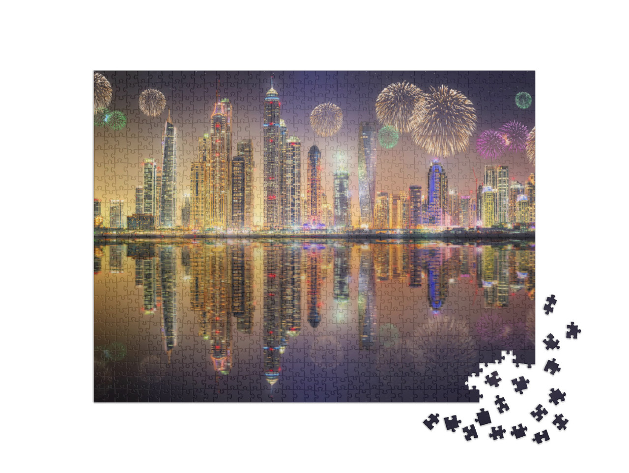 puzzle 1000 dílků „Panorama mrakodrapů v Dubaji Marina s ohňostrojem“