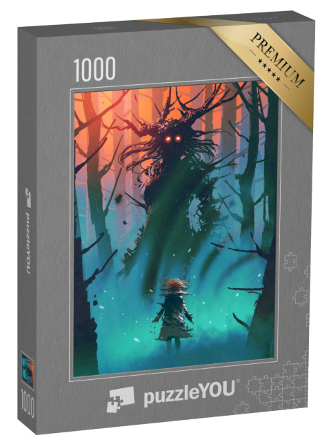 puzzle 1000 dílků „Malá holčička a čarodějnice se na sebe dívají v lese, digitální umělecký styl“