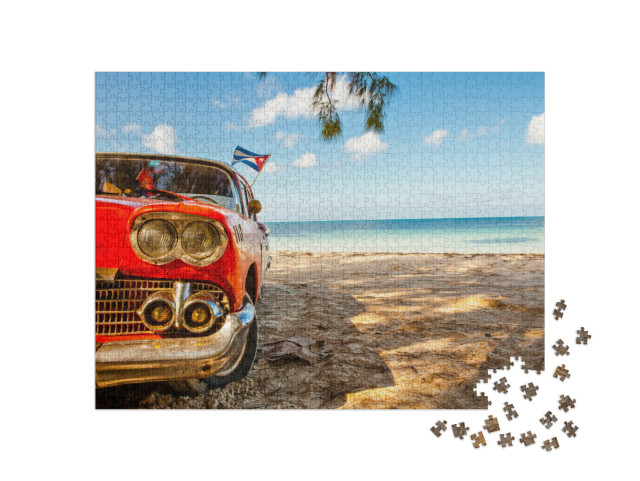 puzzle 1000 dílků „Americký klasický automobil na pláži Cayo Jutias na Kubě“