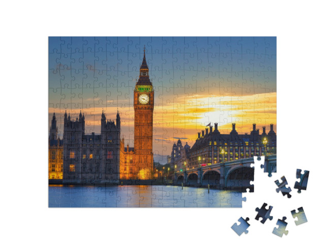 puzzle 200 dílků „Big Ben a Westminsterský most při západu slunce, Londýn“