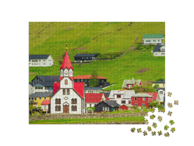 puzzle 1000 dílků „Kostel s červenou střechou v Sandavaguru, Faerské ostrovy, Dánsko“