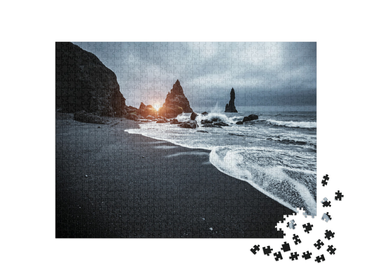 puzzle 1000 dílků „Trollí prsty, čedičové skály na pláži Reynisfjara, Island“