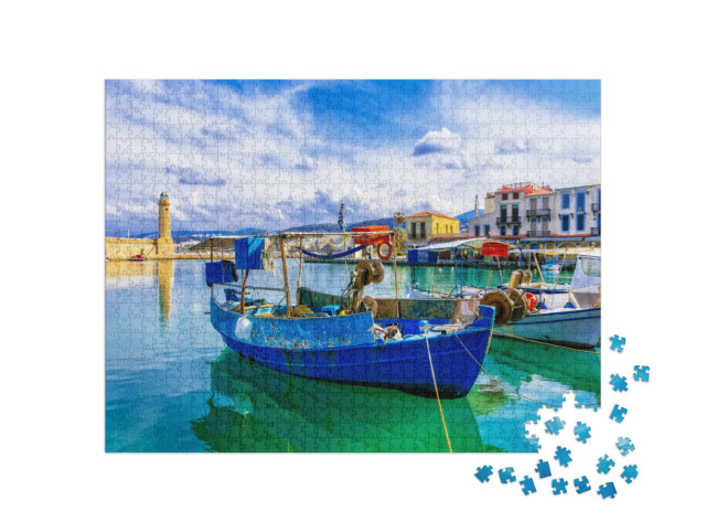 puzzle 1000 dílků „Barevné Řecko: Rethymnon s majákem a loděmi, Kréta“