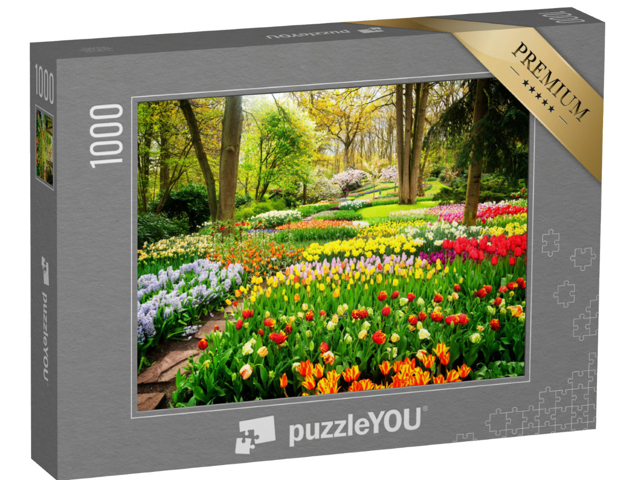 puzzle 1000 dílků „Barevné moře tulipánů v parku“