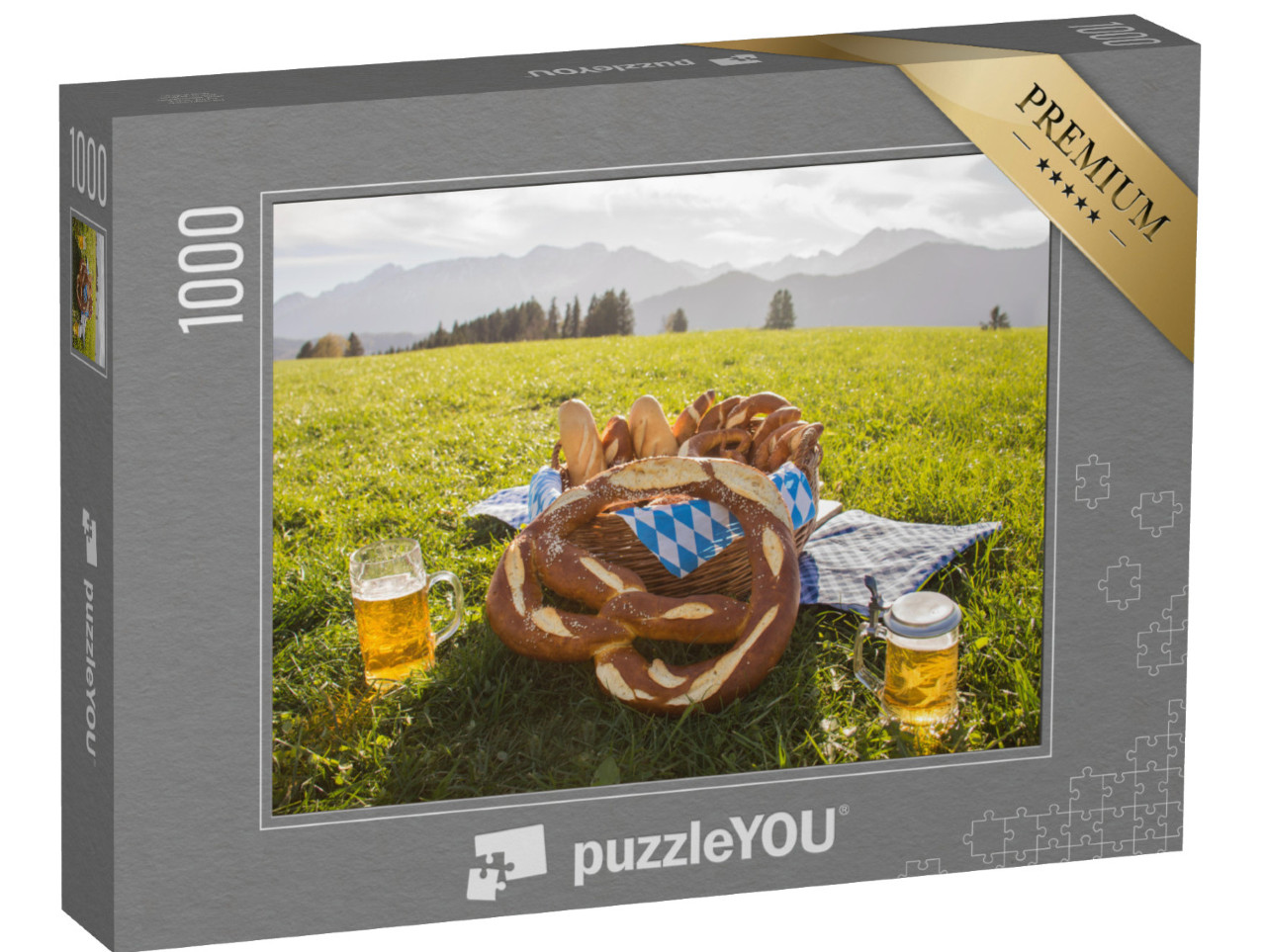 puzzle 1000 dílků „Preclíky s pivem, občerstvení v Bavorsku, Allgäu, Německo“