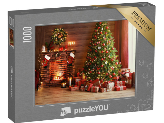 puzzle 1000 dílků „Kouzlo Vánoc: svítící stromeček, teplý oheň a dárky“