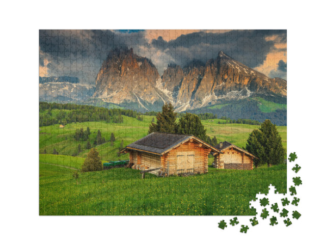 puzzle 1000 dílků XXL „Jaro na Alpe di Siusi se skupinou Sassolungo, Dolomity, Itálie“