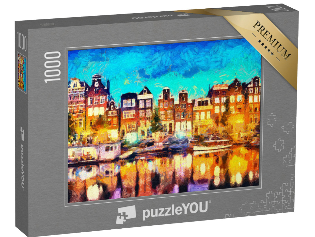 puzzle 1000 dílků „Amsterdam: Domy u kanálu, olejomalba“