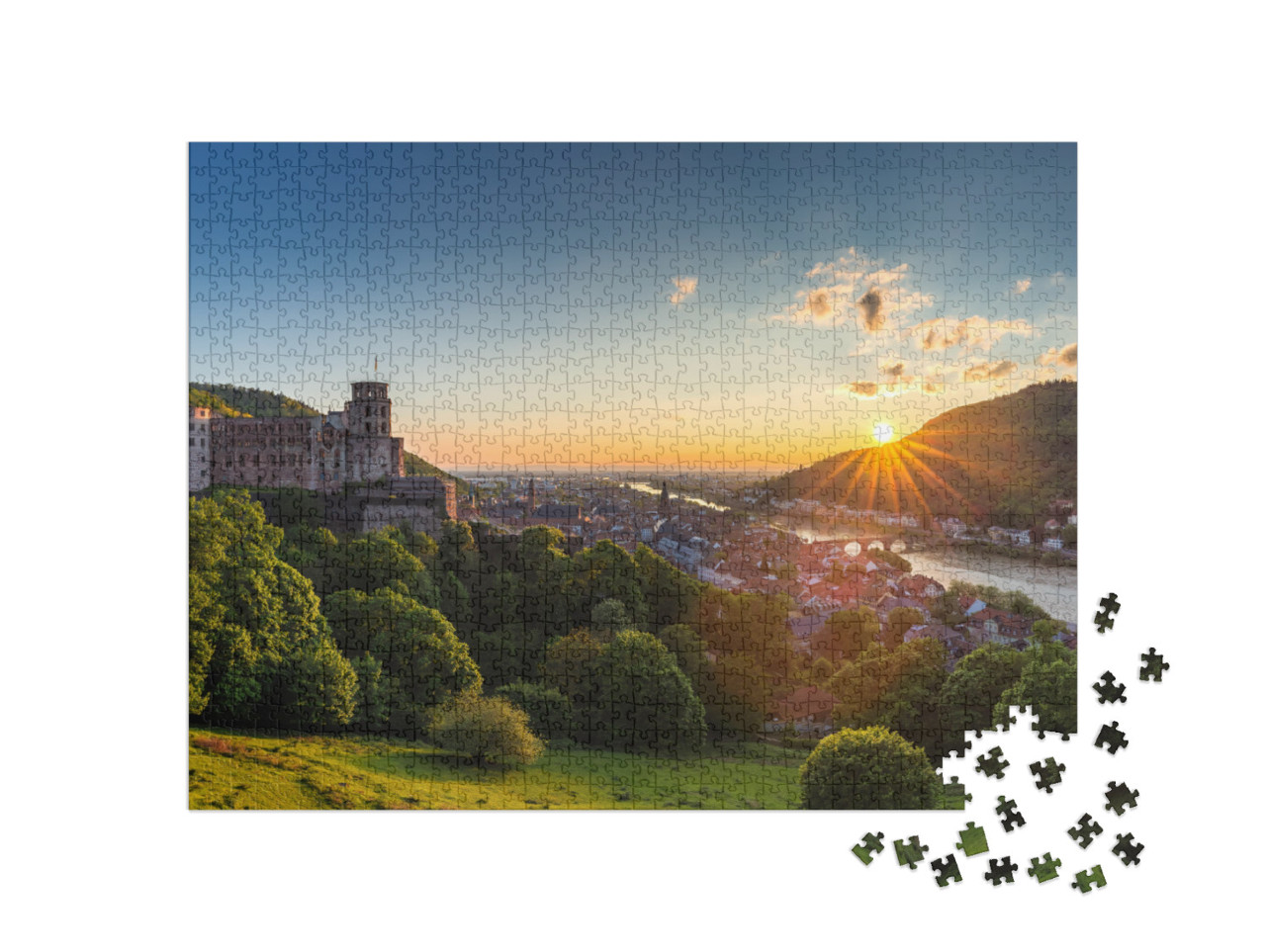 puzzle 1000 dílků „Město Heidelberg se slavným starým mostem a hradem Heidelberg“