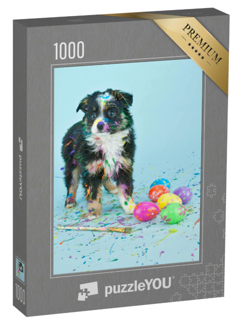 puzzle 1000 dílků „Roztomilé štěně malování velikonočních vajec“