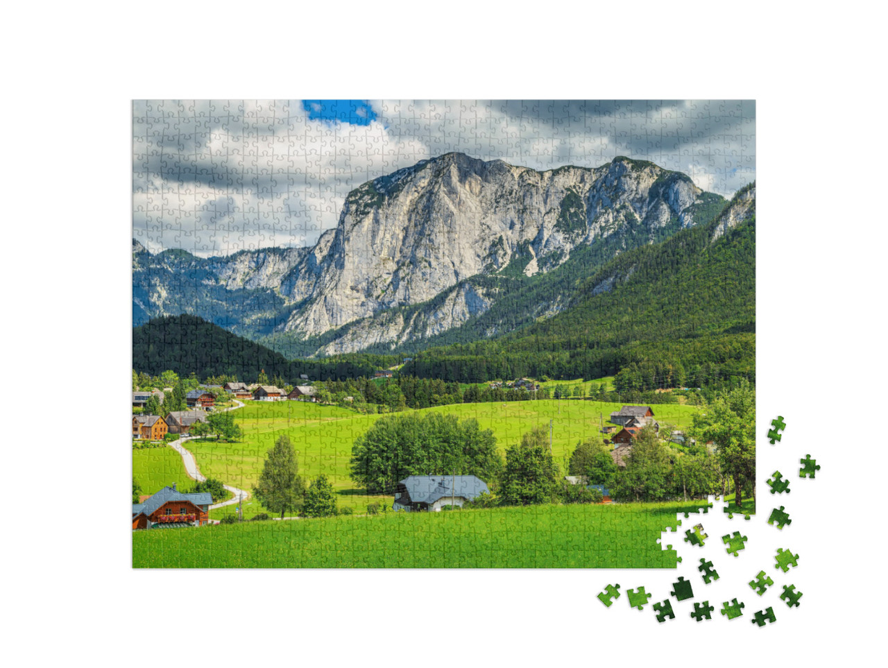 puzzle 1000 dílků „Jarní krajina s poli, pastvinami a horami, Altaussee, Rakousko“