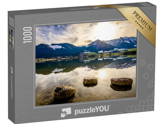 puzzle 1000 dílků „Wilder Kaiser a Zahmer Kaiser u jezera Walchsee v Rakousku“