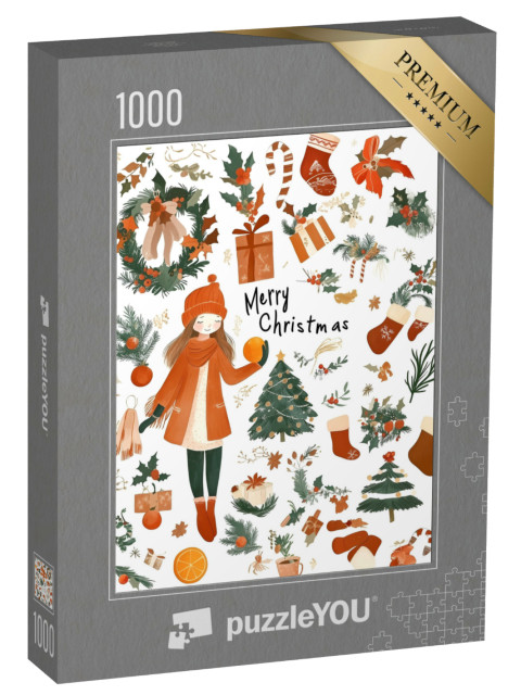 puzzle 1000 dílků „Roztomilé vánoční motivy ve stylu akvarelu“