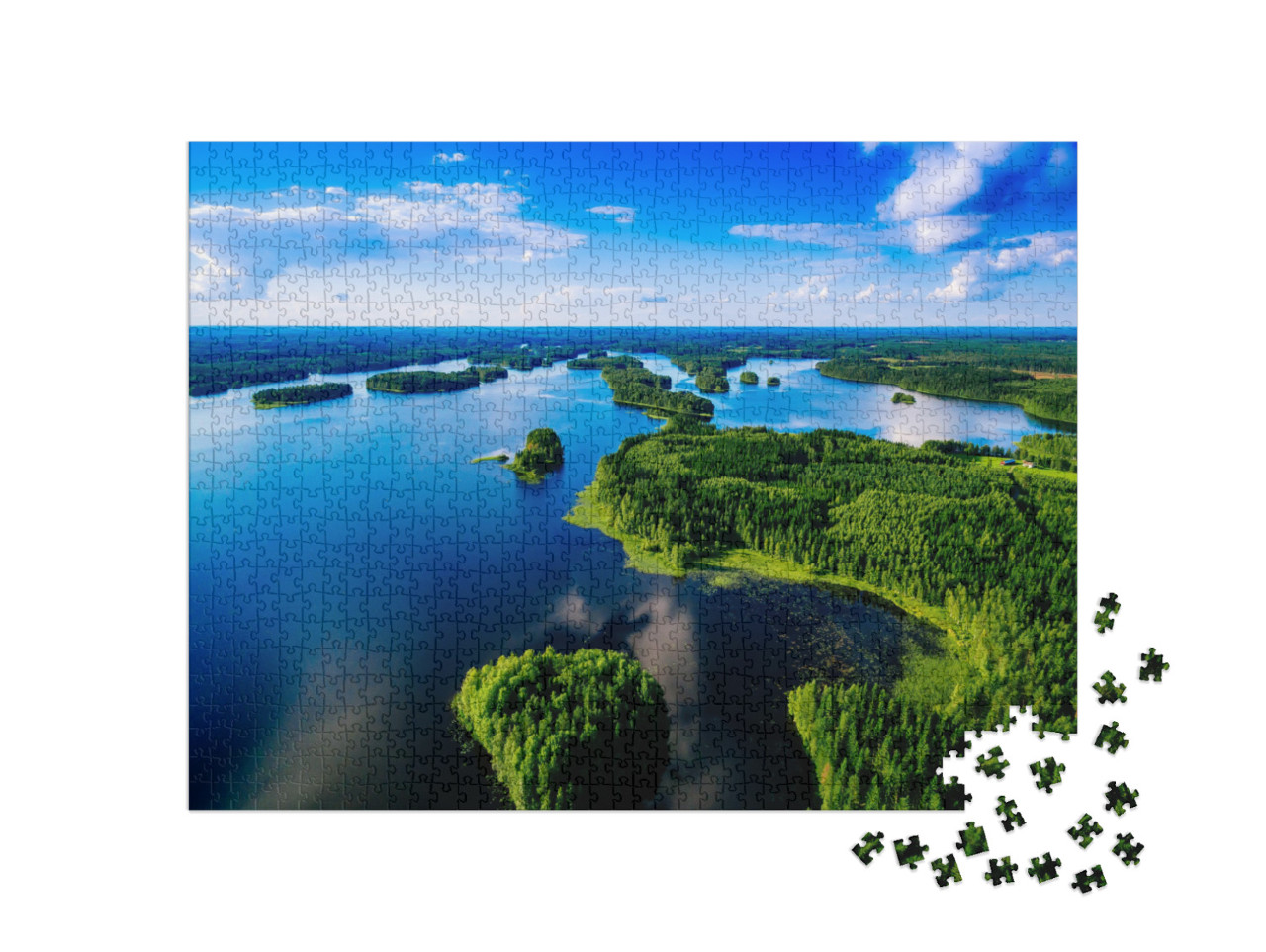 puzzle 1000 dílků „Modrá jezera s ostrovy a lesy, Finsko“