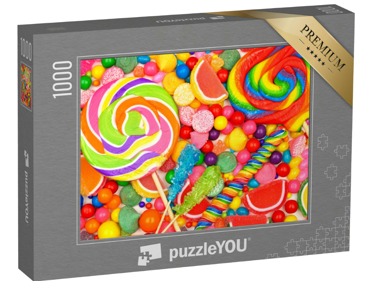puzzle 1000 dílků „Různé sladkosti, lízátka, žvýkačky a želé bonbony.“