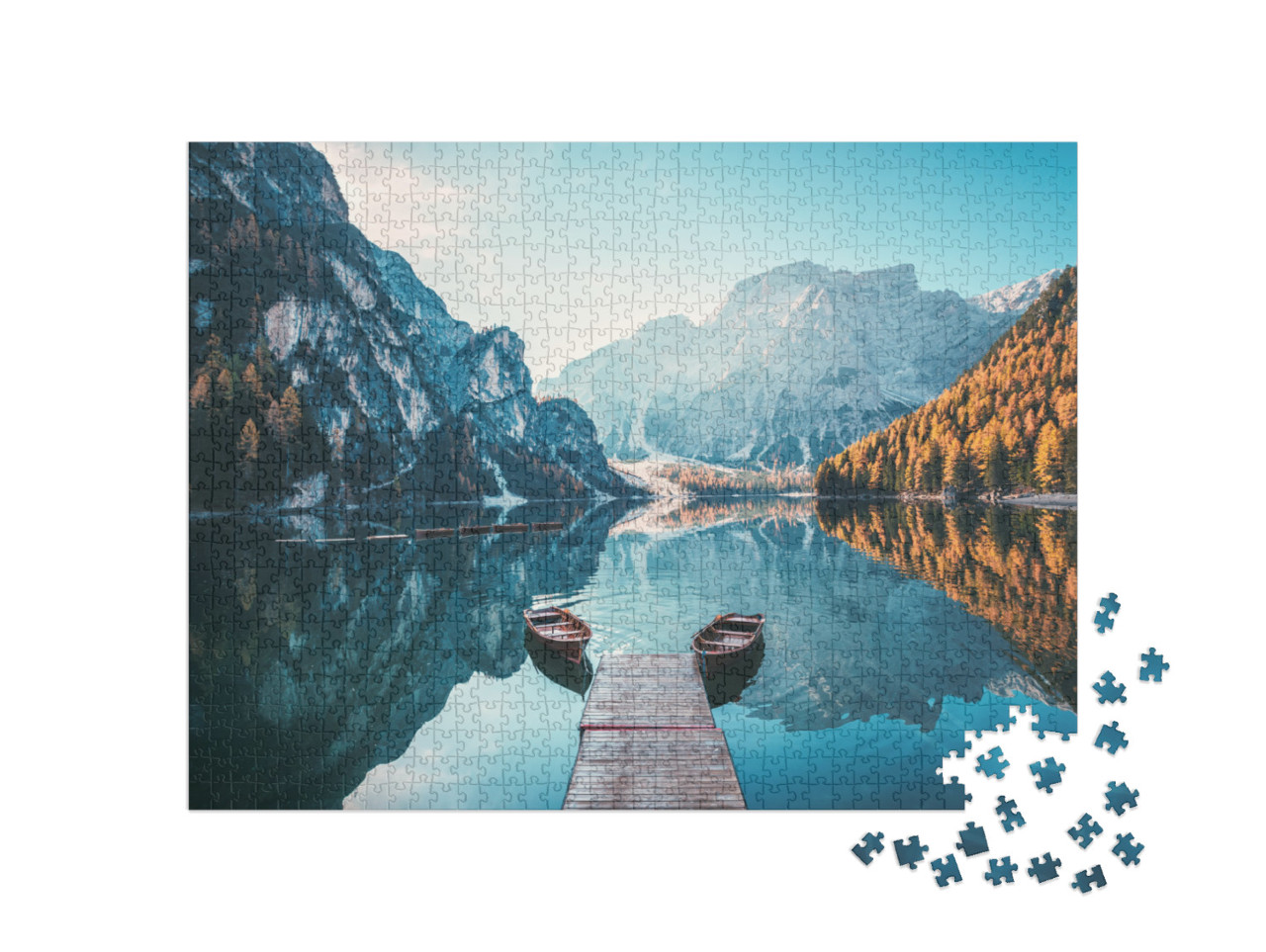 puzzle 1000 dílků „Lodě na jezeře Braies v Dolomitech, Jižní Tyrolsko, Itálie“