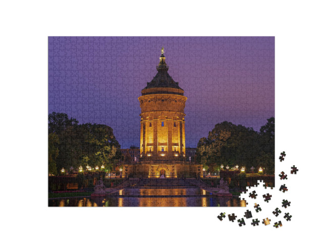 puzzle 1000 dílků „Modrá hodina u vodárenské věže v Mannheimu, Německo“
