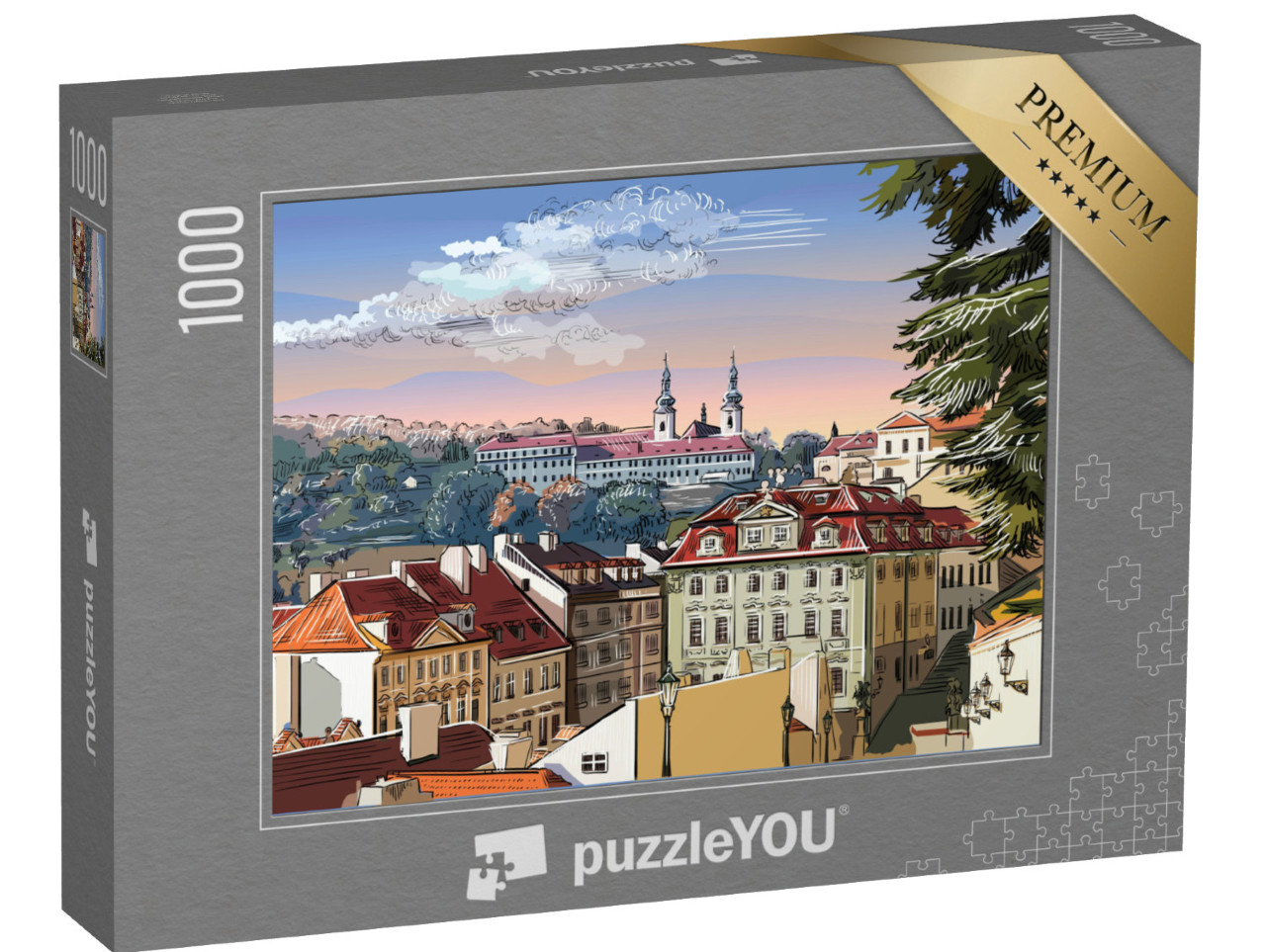 puzzle 1000 dílků „Panoramatická krajina Prahy s vektorovou ruční kresbou, Česká republika“